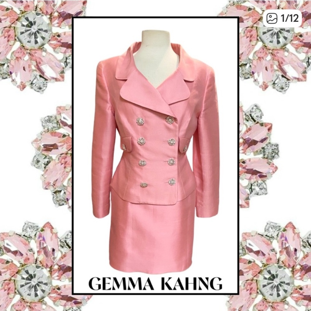 GEMMA KAHNG New York 2pc Pink Silk Cocktail Suit Rhinestone Buttons Sz 12